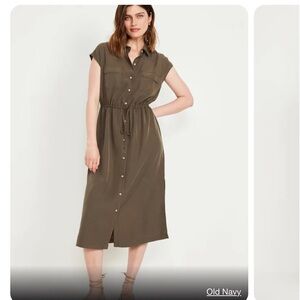 Waist-Defined Utility Midi Shirt Dress